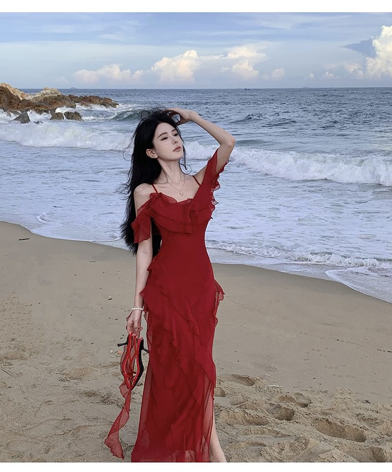 Plain Maxi Ruffle Sundress Cold-Shoulder Asymmetrical