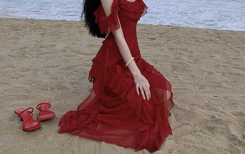 Plain Maxi Ruffle Sundress Cold-Shoulder Asymmetrical