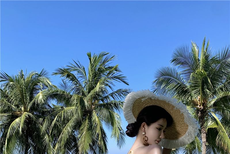 A-Line Plain Slit Spaghetti Strap Dress Maxi Cutout Ruffle