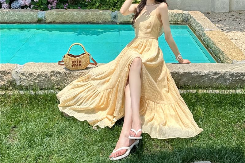 A-Line Plain Slit Spaghetti Strap Dress Maxi Cutout Ruffle