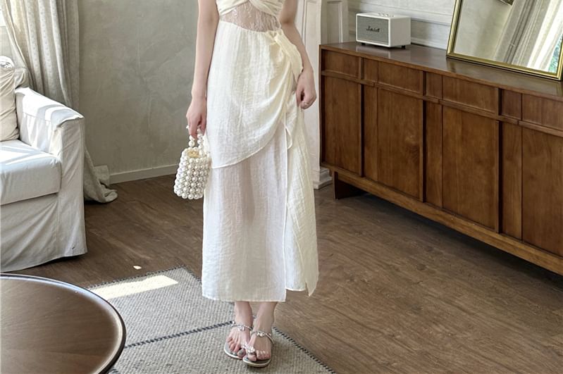 Lace Ruched Slit Plain Strap Panel Maxi A-Line Dress V-Neck Spaghetti