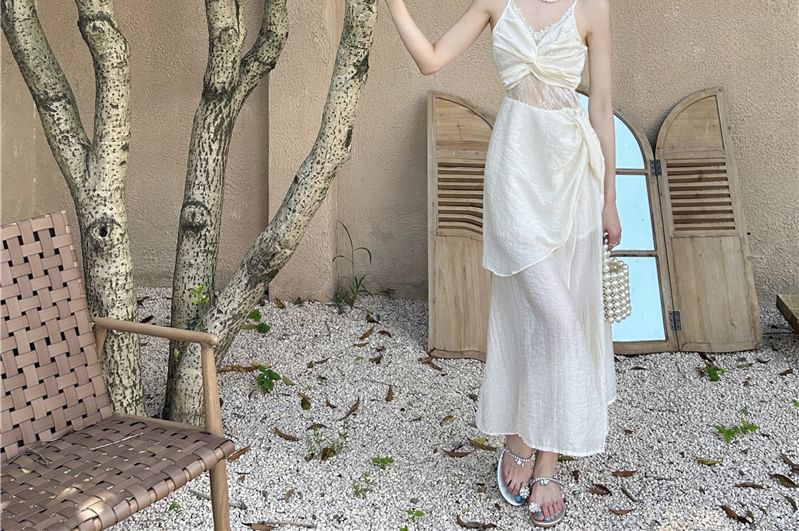 Lace Ruched Slit Plain Strap Panel Maxi A-Line Dress V-Neck Spaghetti