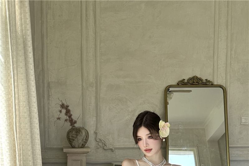 Lace Ruched Slit Plain Strap Panel Maxi A-Line Dress V-Neck Spaghetti