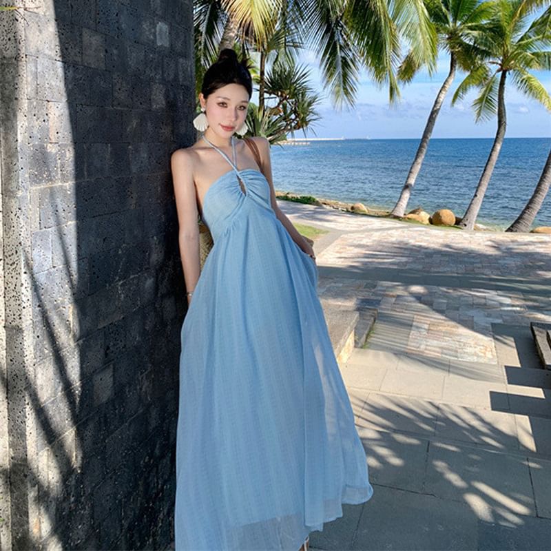 Maxi Dress Halter Plain Tie A-Line Back