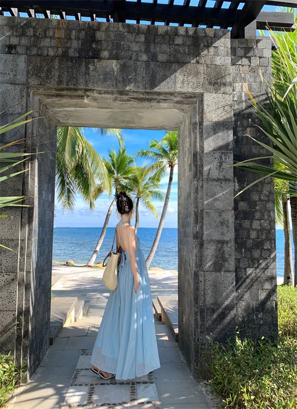 Maxi Dress Halter Plain Tie A-Line Back