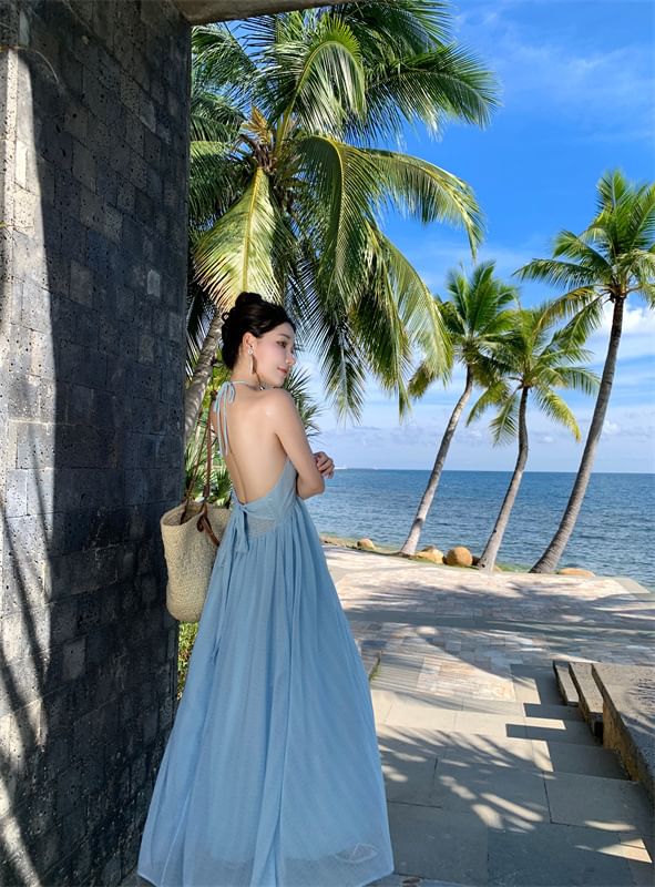 Maxi Dress Halter Plain Tie A-Line Back