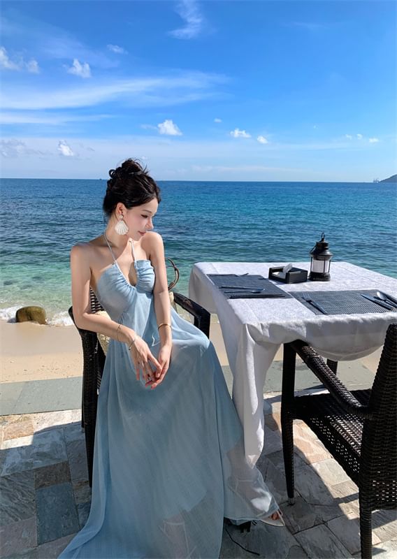 Maxi Dress Halter Plain Tie A-Line Back