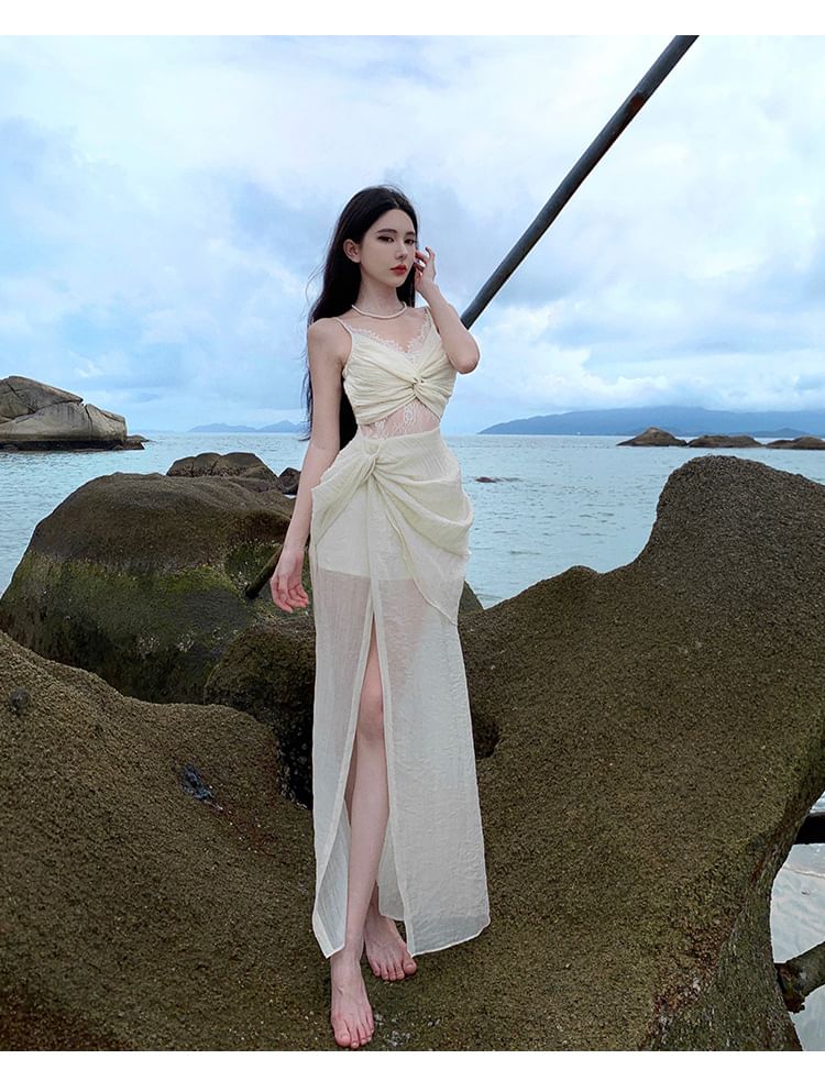 V-Neck Maxi Ruched Plain Slit Strap Spaghetti A-Line Lace Panel