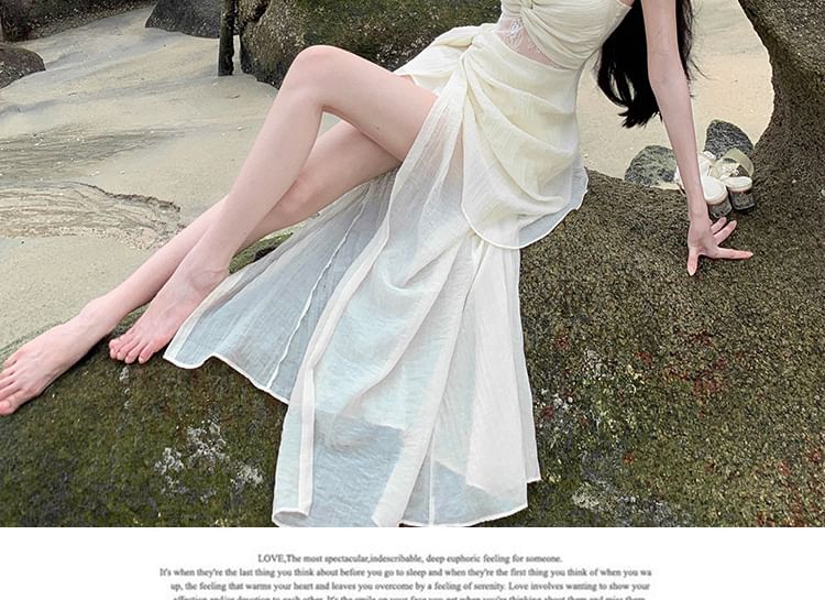 V-Neck Maxi Ruched Plain Slit Strap Spaghetti A-Line Lace Panel