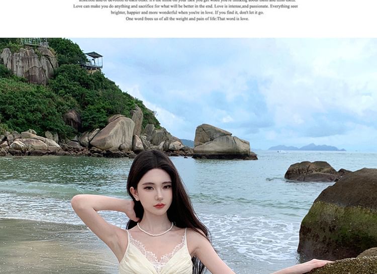 V-Neck Maxi Ruched Plain Slit Strap Spaghetti A-Line Lace Panel