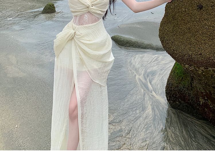 V-Neck Maxi Ruched Plain Slit Strap Spaghetti A-Line Lace Panel