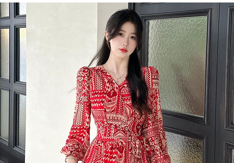 Slit A-Line Long-Sleeve Patterned Dress Maxi Print V-Neck