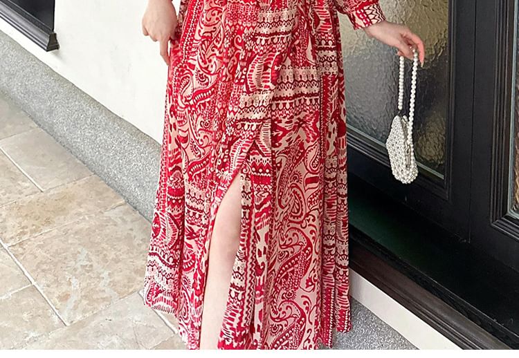 Slit A-Line Long-Sleeve Patterned Dress Maxi Print V-Neck