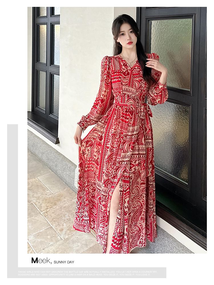 Slit A-Line Long-Sleeve Patterned Dress Maxi Print V-Neck