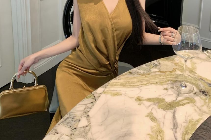 Sheath Slit Ruched Sleeveless V-Neck Wrap Plain Dress Maxi