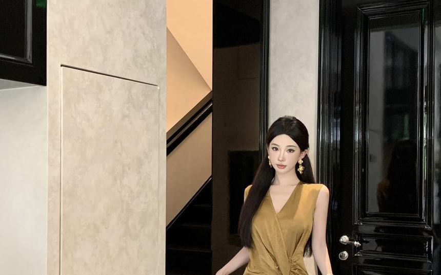 Sheath Slit Ruched Sleeveless V-Neck Wrap Plain Dress Maxi