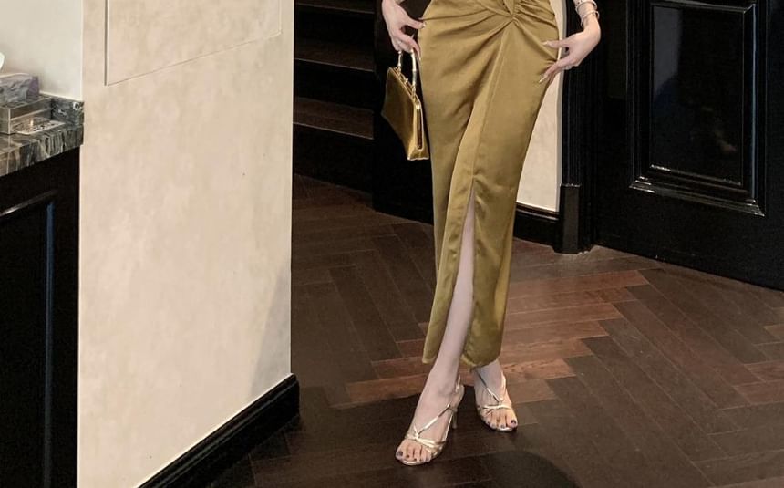 Sheath Slit Ruched Sleeveless V-Neck Wrap Plain Dress Maxi