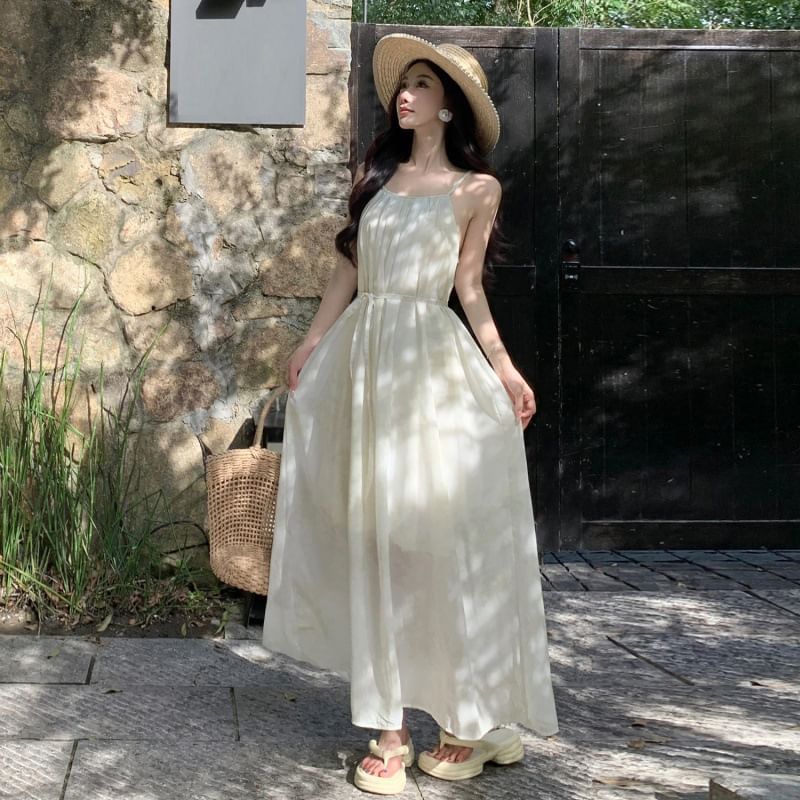 A-Line Strap Spaghetti Maxi Dress Plain