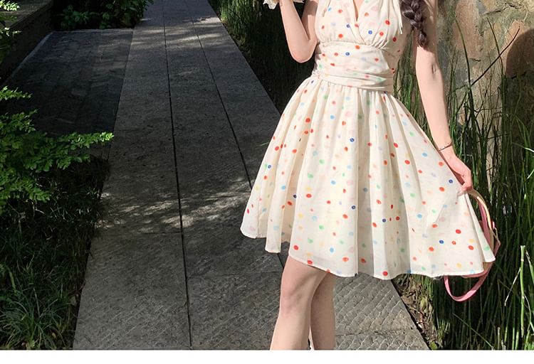 V-Neck Halter Dotted Dress Mini A-Line