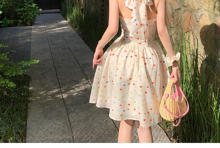V-Neck Halter Dotted Dress Mini A-Line