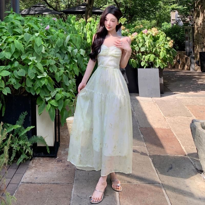 Dress Maxi Up Patterned Strap A-Line Spaghetti Print Lace