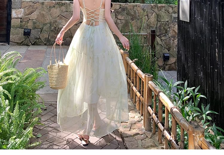 Dress Maxi Up Patterned Strap A-Line Spaghetti Print Lace