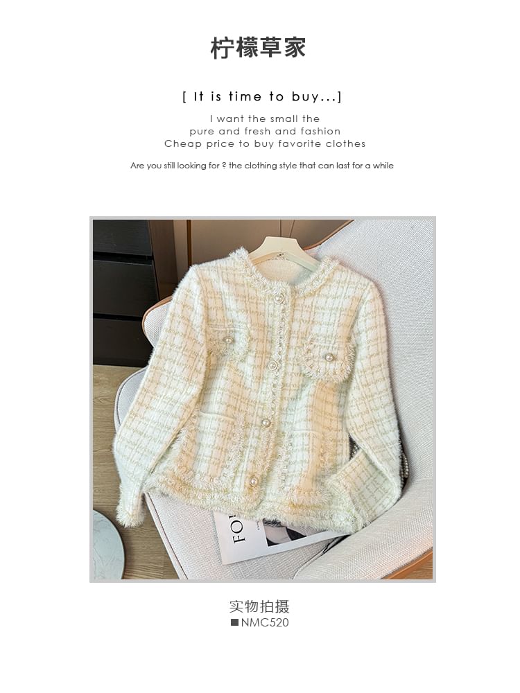 Pearl-Button Crew-Neck Tweed Jacket