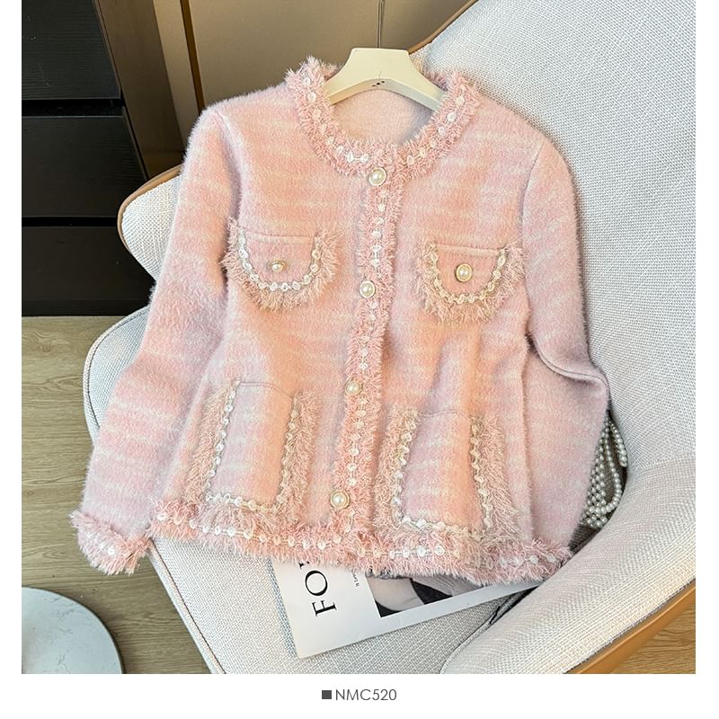 Pearl-Button Crew-Neck Tweed Jacket