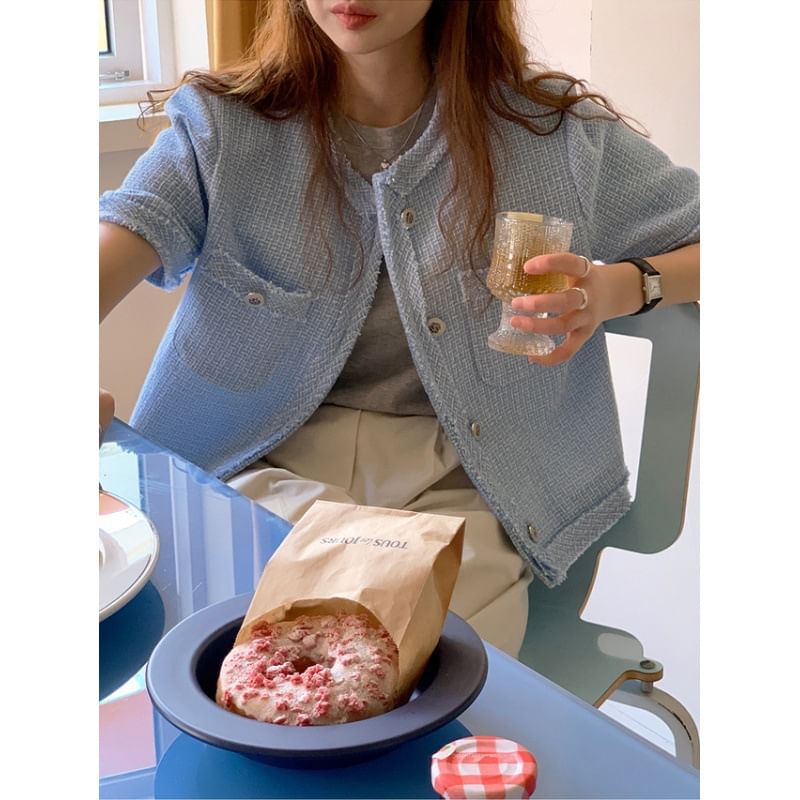 Short-Sleeve Crew Neck Plain Button-Up Tweed Jacket