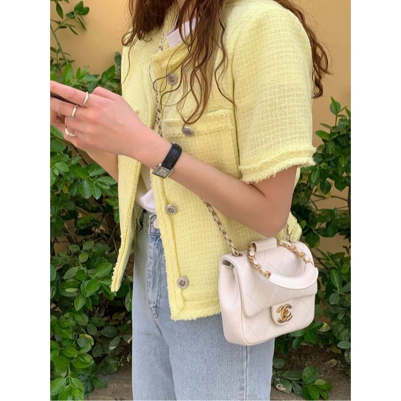 Short-Sleeve Crew Neck Plain Button-Up Tweed Jacket