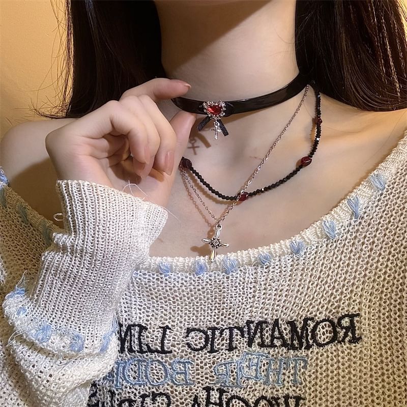 Leather Cross / Choker Rhinestone Faux Necklace