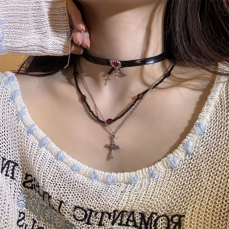 Leather Cross / Choker Rhinestone Faux Necklace