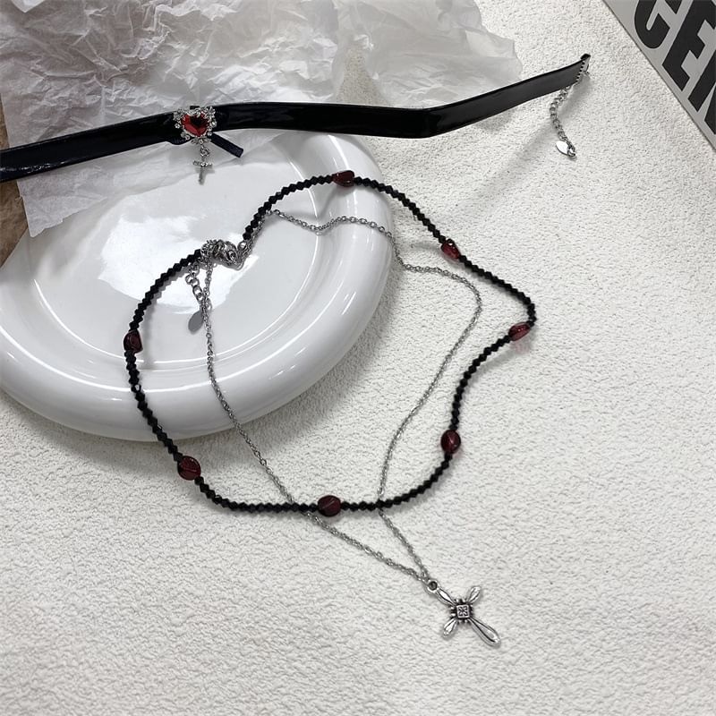 Leather Cross / Choker Rhinestone Faux Necklace