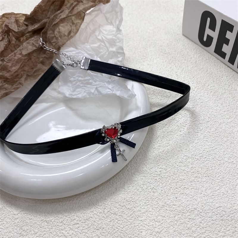 Leather Cross / Choker Rhinestone Faux Necklace
