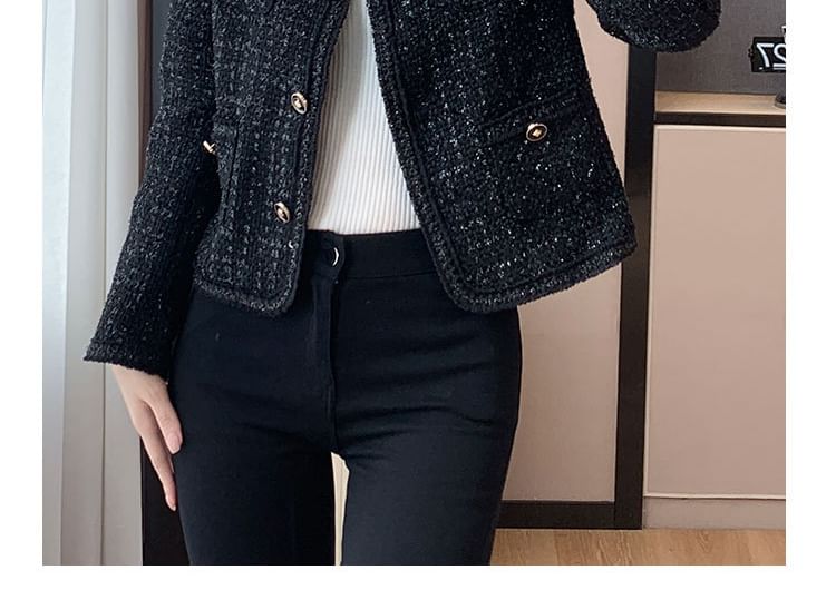 Round Neck Tweed Cropped Button Jacket
