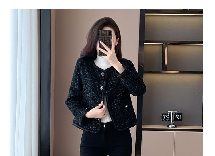 Round Neck Tweed Cropped Button Jacket