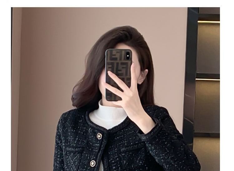 Round Neck Tweed Cropped Button Jacket