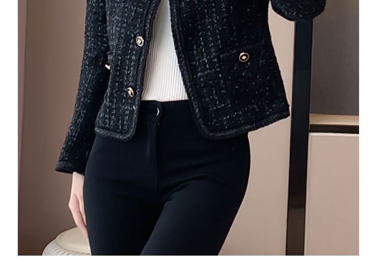 Round Neck Tweed Cropped Button Jacket