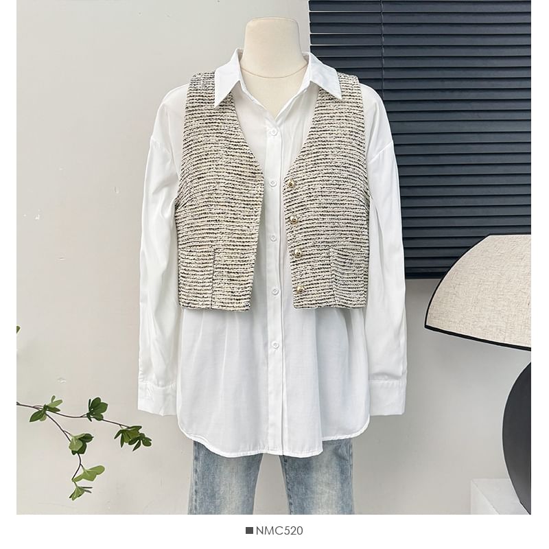 Button-Up Tweed Vest Jacket