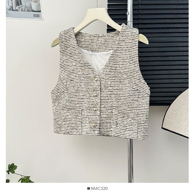 Button-Up Tweed Vest Jacket