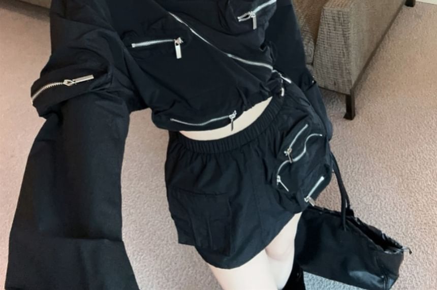 Cropped Zip Jacket with High-Rise Mini Pencil Skirt Set