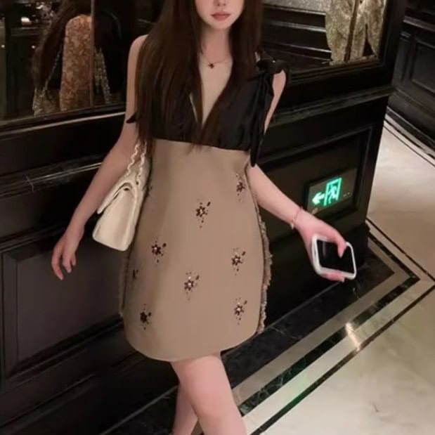 Sleeveless V-Neck Floral Embroidered Mini A-Line Dress