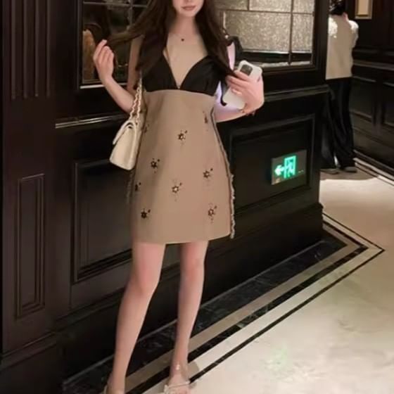 Sleeveless V-Neck Floral Embroidered Mini A-Line Dress