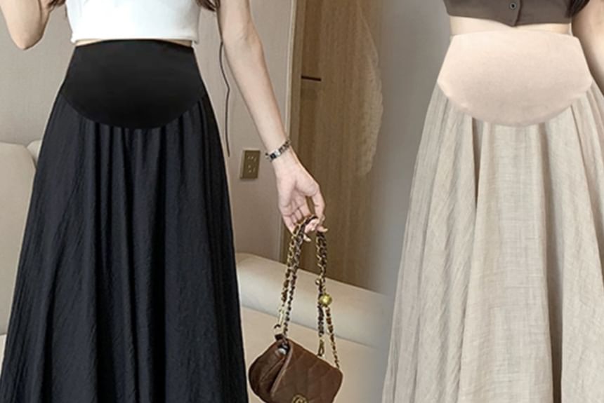 Maternity High Waist Solid Midi Flared Skirt