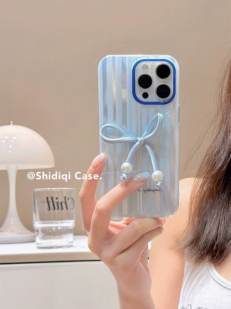 Faux Pearl Phone / Bow Case Set Adhesive Decoration Striped