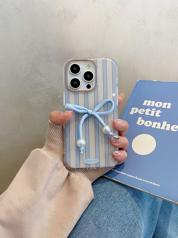 / Phone Case Bow Set Pearl Faux Striped Adhesive Decoration