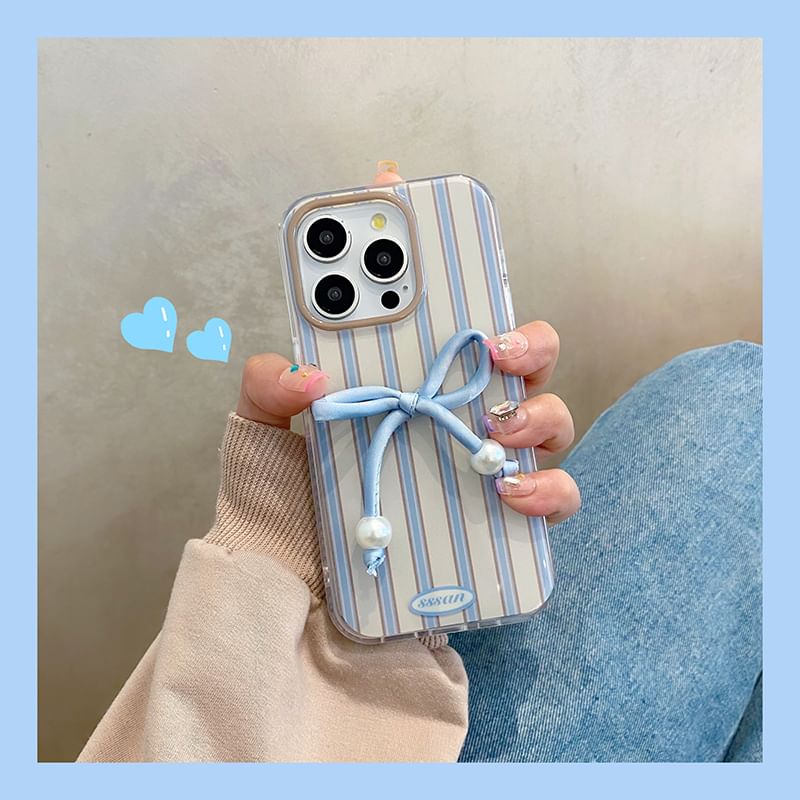 / Phone Case Bow Set Pearl Faux Striped Adhesive Decoration