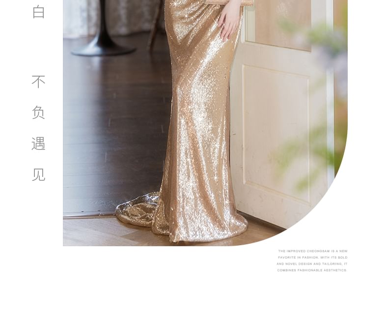 Cap-Sleeve Off-Shoulder Sequin Sheath Evening Gown