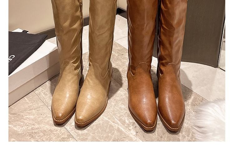 Heel Leather Faux Chunky Boots Tall