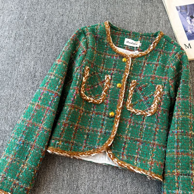 Crew Neck Plaid Button-Up Tweed Crop Jacket